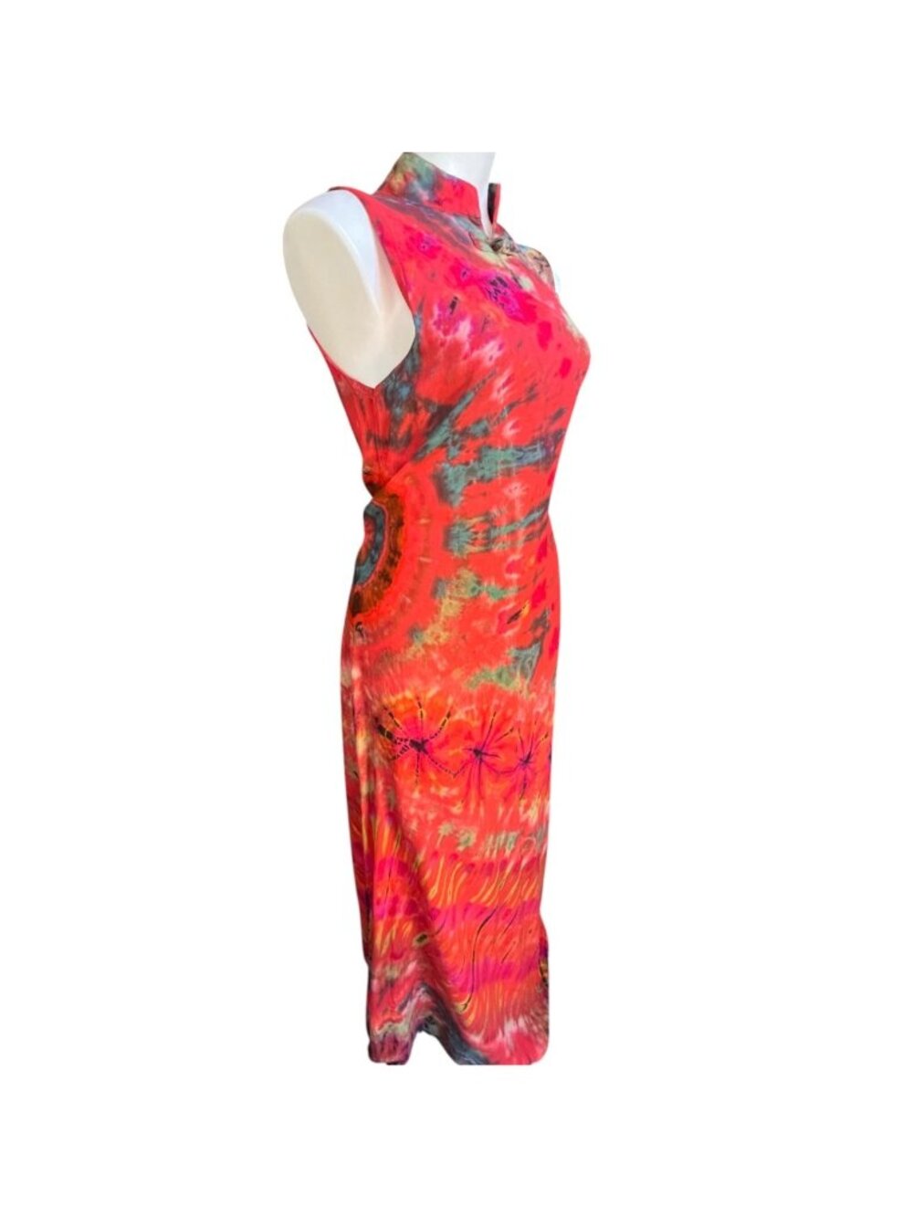 Asian Style Dress Maxi Tie-Dye Sleeveless Mandarin Collar Waist Ties Multicolor - Picture 5 of 11